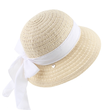 Ladies' Summer Hat with Medium Brim and Decorative Ribbon | Natural/White