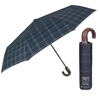 Men's Automatic Open-Close Umbrella Perletti Technology 21827, Dark blue and green tartan pattern