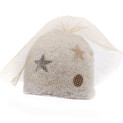 Дамска плетена шапка с воалетка HatYou CP2850, Бежов/Златист