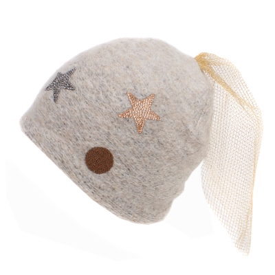 Дамска плетена шапка с воалетка HatYou CP2850, Бежов/Златист