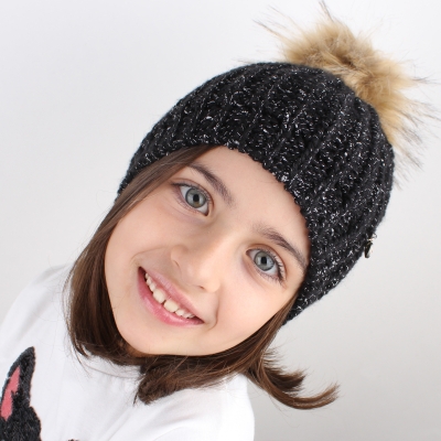 Детска плетена шапка JS1051, 6-8 г., Черен