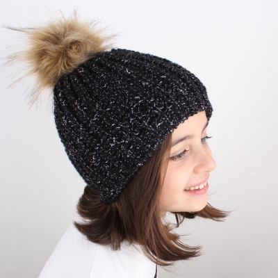 Детска плетена шапка JS1051, 6-8 г., Черен