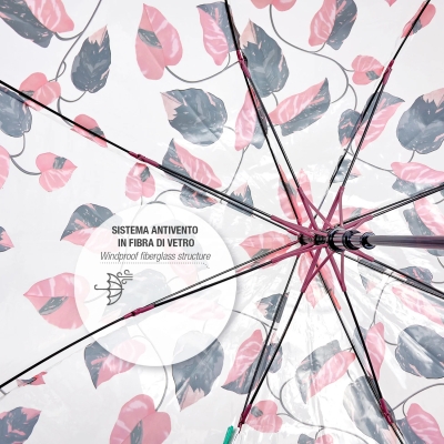 Дамски прозрачен автоматичен голф чадър Perletti Time 26390, Прозрачен/ листа