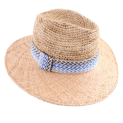 Raffia Fedora Summer Hat Fratelli Mazzanti FM 8681, Natural/Blue Ribbon