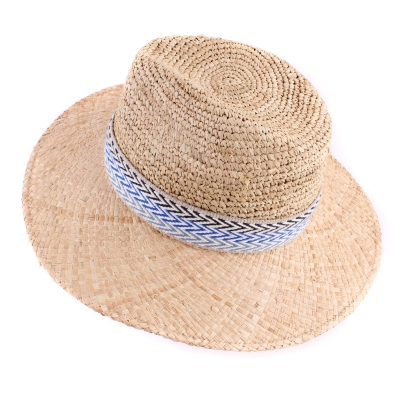 Raffia Fedora Summer Hat Fratelli Mazzanti FM 8681, Natural/Blue Ribbon