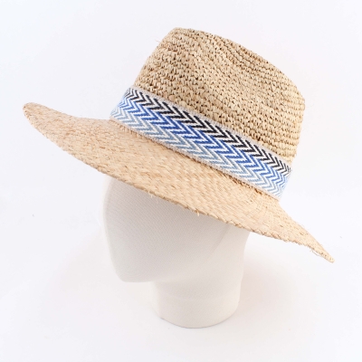 Raffia Fedora Summer Hat Fratelli Mazzanti FM 8681, Natural/Blue Ribbon