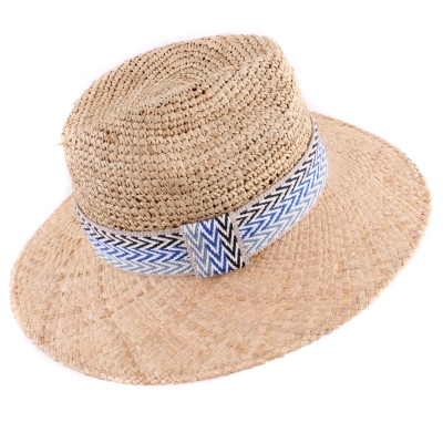 Raffia Fedora Summer Hat Fratelli Mazzanti FM 8681, Natural/Blue Ribbon