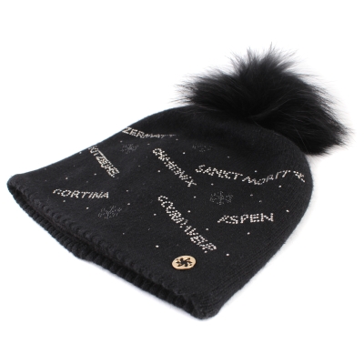 Ladies'  Knitted Hat  with Natural Fur Pom Pom Granadilla JG5707, Black