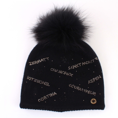 Ladies'  Knitted Hat  with Natural Fur Pom Pom Granadilla JG5707, Black