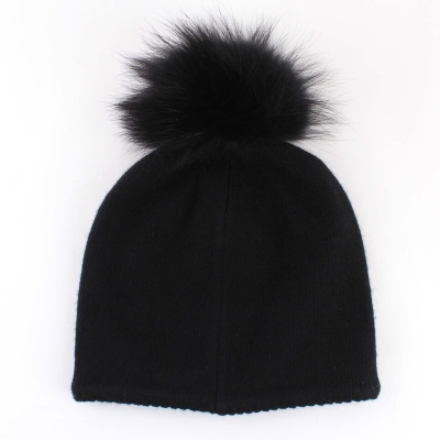 Ladies'  Knitted Hat  with Natural Fur Pom Pom Granadilla JG5707, Black
