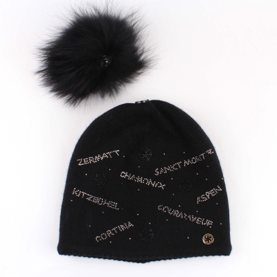 Ladies'  Knitted Hat  with Natural Fur Pom Pom Granadilla JG5707, Black