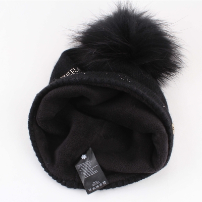 Ladies'  Knitted Hat  with Natural Fur Pom Pom Granadilla JG5707, Black