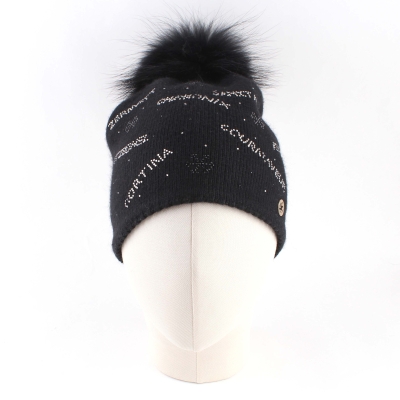 Ladies'  Knitted Hat  with Natural Fur Pom Pom Granadilla JG5707, Black