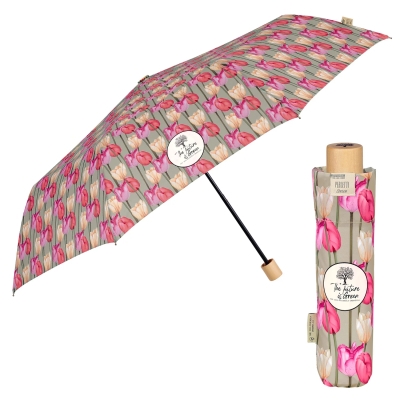 Дамски неавтоматичен чадър Perletti Green 19151, Бежов/Лалета