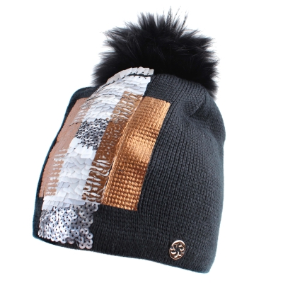 Ladies' knitted hat with sequins and natural fur pompom Granadilla JG5342, Black