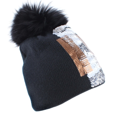 Ladies' knitted hat with sequins and natural fur pompom Granadilla JG5342, Black