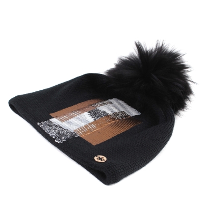 Ladies' knitted hat with sequins and natural fur pompom Granadilla JG5342, Black