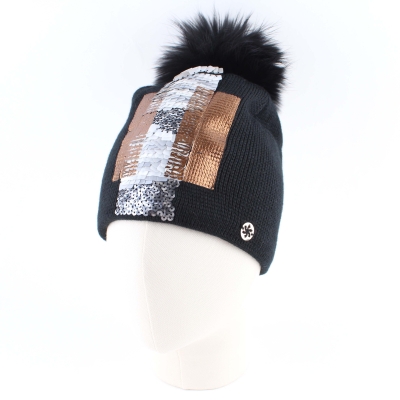 Ladies' knitted hat with sequins and natural fur pompom Granadilla JG5342, Black