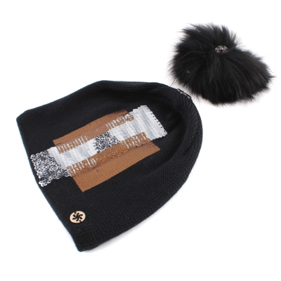 Ladies' knitted hat with sequins and natural fur pompom Granadilla JG5342, Black