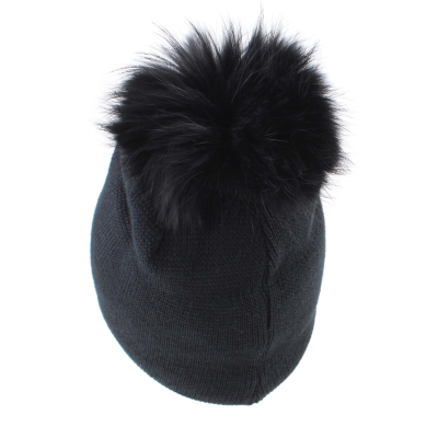 Ladies' knitted hat with sequins and natural fur pompom Granadilla JG5342, Black