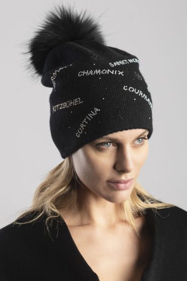 Ladies'  Knitted Hat  with Natural Fur Pom Pom Granadilla JG5707, Black