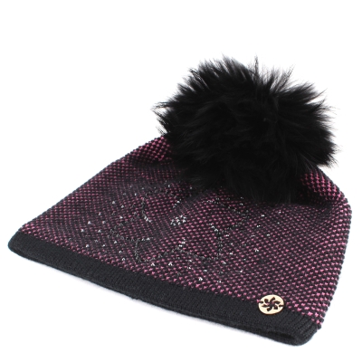 Ladies' Winter Hat with Wool and Natural Fur Pom-Pom JG5330, Pink
