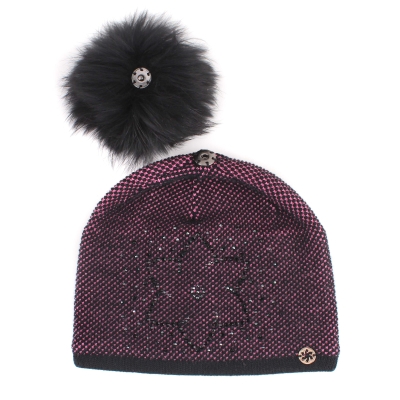 Ladies' Winter Hat with Wool and Natural Fur Pom-Pom JG5330, Pink