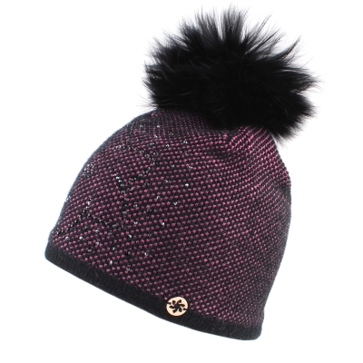 Ladies' Winter Hat with Wool and Natural Fur Pom-Pom JG5330, Pink