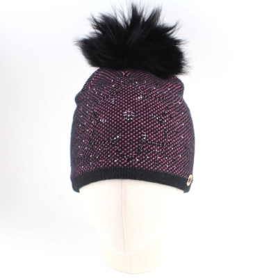 Ladies' Winter Hat with Wool and Natural Fur Pom-Pom JG5330, Pink