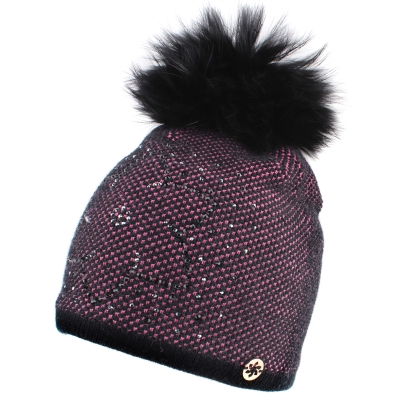 Ladies' Winter Hat with Wool and Natural Fur Pom-Pom JG5330, Pink