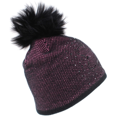 Ladies' Winter Hat with Wool and Natural Fur Pom-Pom JG5330, Pink