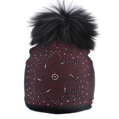 Ladies' Winter Hat with Wool and Natural Fur Pom-Pom JG5330, Red