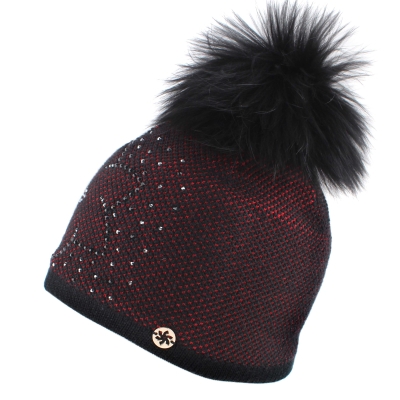 Ladies' Winter Hat with Wool and Natural Fur Pom-Pom JG5330, Red