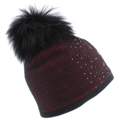 Ladies' Winter Hat with Wool and Natural Fur Pom-Pom JG5330, Red