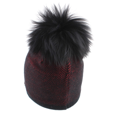 Ladies' Winter Hat with Wool and Natural Fur Pom-Pom JG5330, Red