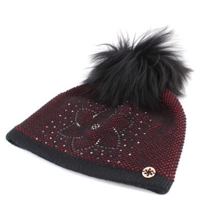 Ladies' Winter Hat with Wool and Natural Fur Pom-Pom JG5330, Red