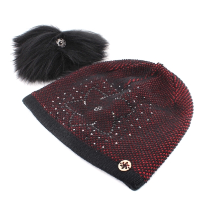 Ladies' Winter Hat with Wool and Natural Fur Pom-Pom JG5330, Red