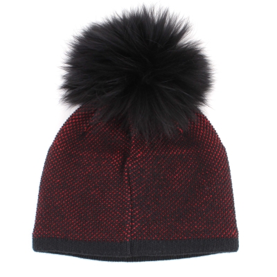 Ladies' Winter Hat with Wool and Natural Fur Pom-Pom JG5330, Red