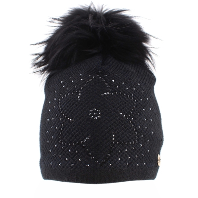Ladies' Winter Hat with Wool and Natural Fur Pom-Pom JG5330, Dark blue