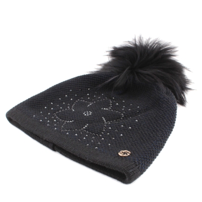 Ladies' Winter Hat with Wool and Natural Fur Pom-Pom JG5330, Dark blue