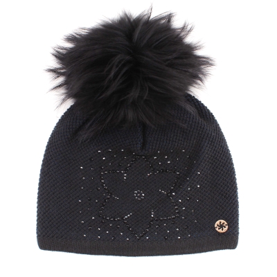 Ladies' Winter Hat with Wool and Natural Fur Pom-Pom JG5330, Dark blue