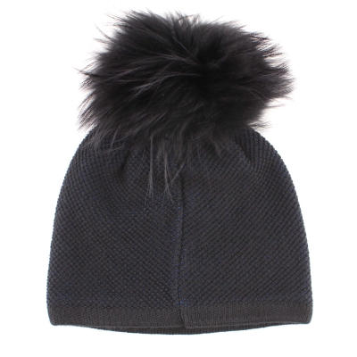 Ladies' Winter Hat with Wool and Natural Fur Pom-Pom JG5330, Dark blue