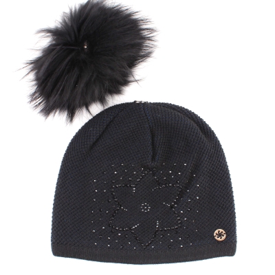 Ladies' Winter Hat with Wool and Natural Fur Pom-Pom JG5330, Dark blue
