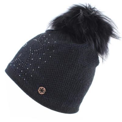 Ladies' Winter Hat with Wool and Natural Fur Pom-Pom JG5330, Dark blue