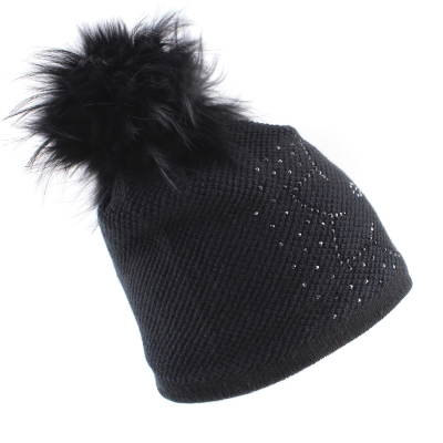 Ladies' Winter Hat with Wool and Natural Fur Pom-Pom JG5330, Dark blue