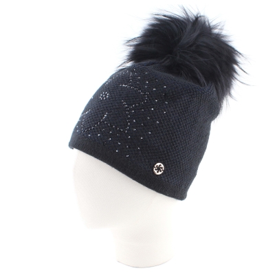 Ladies' Winter Hat with Wool and Natural Fur Pom-Pom JG5330, Dark blue