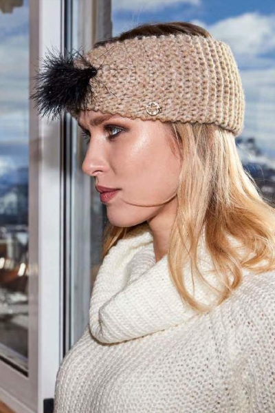 Knitted ladies' headband with feathers Granadilla JG5296, Beige melange