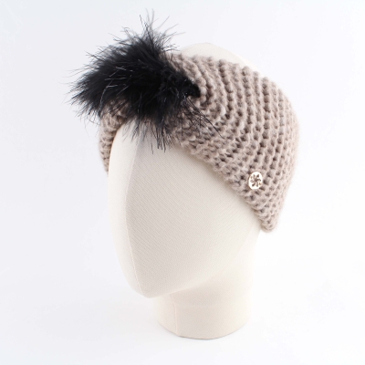 Knitted ladies' headband with feathers Granadilla JG5296, Beige melange