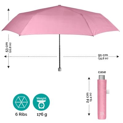 Дамски неавтоматичен чадър Extra Slim чадър с UV50 защита Perletti Time 26409, Пастелно розов