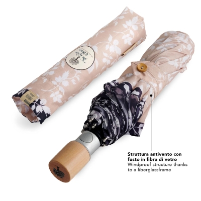 Дамски автоматичен чадър Perletti Green 19162, Бели цветя/Свелобежов